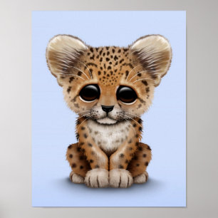 Affiche Cute Baby Leopard Cub sur Bleu clair