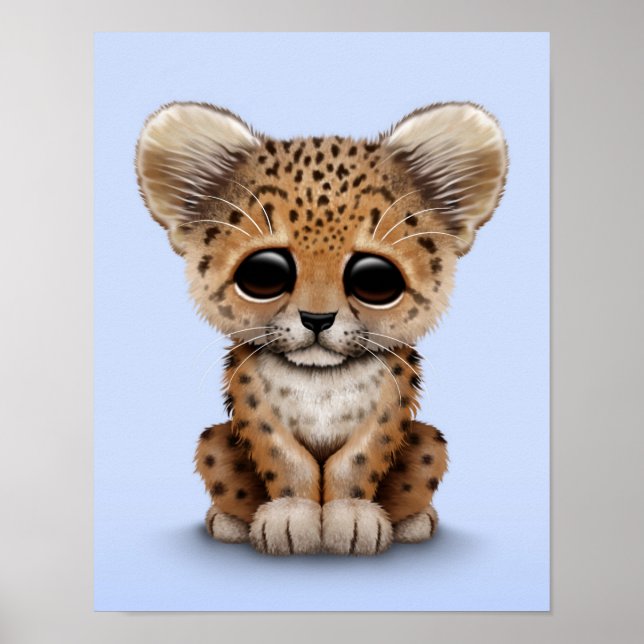 Affiche Cute Baby Leopard Cub sur Bleu clair (Devant)