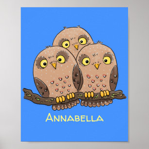 Affiche Cute baby owl trio cartoon illustration