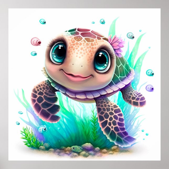 Affiche Cute Baby Sea Turtle Illustration – Adorable Ocean (Devant)