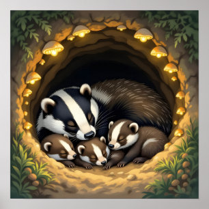 Affiche Cute Badger Family Napping