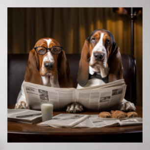 Affiche Cute basset hounds lecture journal