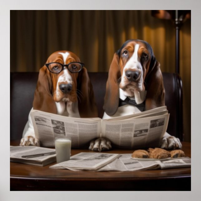 Affiche Cute basset hounds lecture journal (Devant)