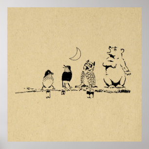 Affiche Cute Bear and Birds Singing to the Moon Art