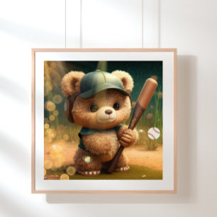 Affiche Cute Bear jouant au baseball Personnalisé