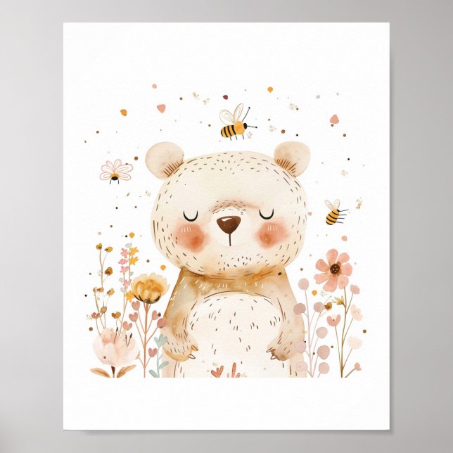 Affiche Cute Bear Nursery Friends Love Animal Flowers (Devant)