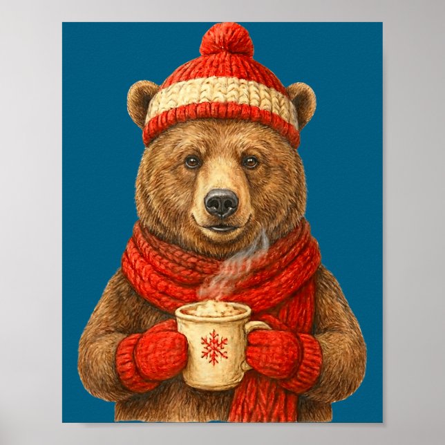 Affiche Cute Bear With Santa Hat Coffee Lover Funny Winter (Devant)