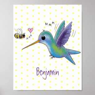 Affiche Cute bee hummingbird cartoon illustration