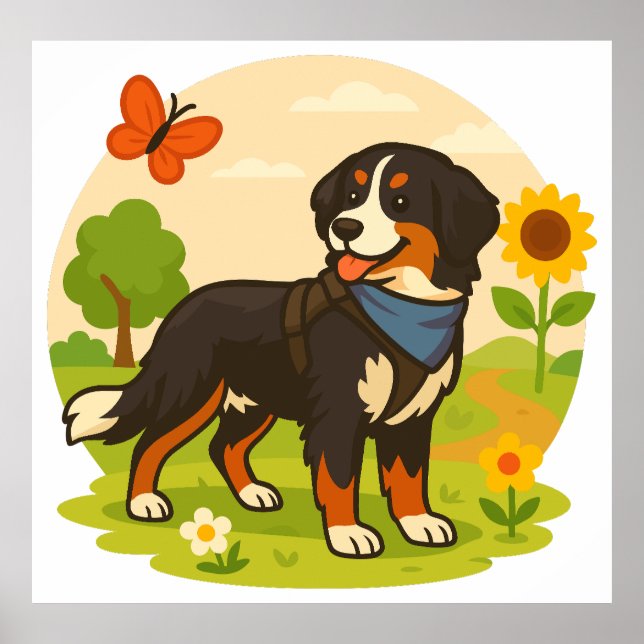 Affiche Cute Bernese Mountain Dog with Sunflower & Butterf (Devant)