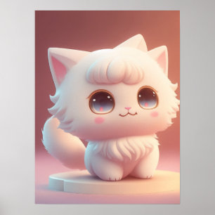 Affiche Cute Big Eyes Fluffy Blanc Chat