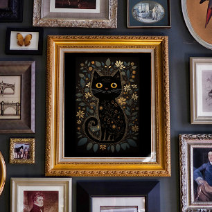 Affiche Cute Black Cat Folk Art Style Imprimer Téléchargea