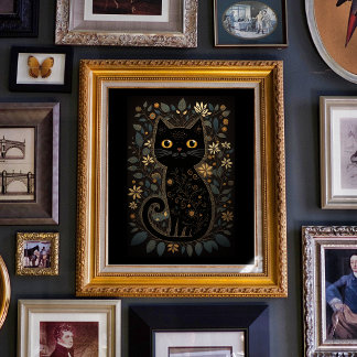 Affiche Cute Black Cat Folk Art Style Imprimer Téléchargea