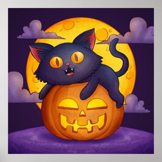 Affiche Cute Black Cat, Pumpkin and Moon (Devant)