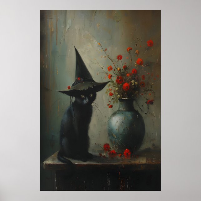 Affiche Cute Black Cat Witch With Dark Botanicals, Dark (Devant)