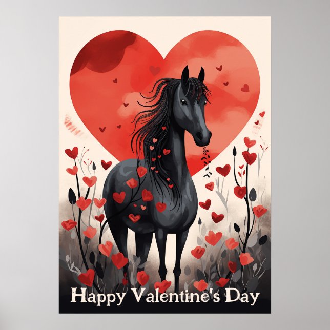 Affiche Cute Black Horse et Coeurs Heureuse Sainte-Valenti (Devant)