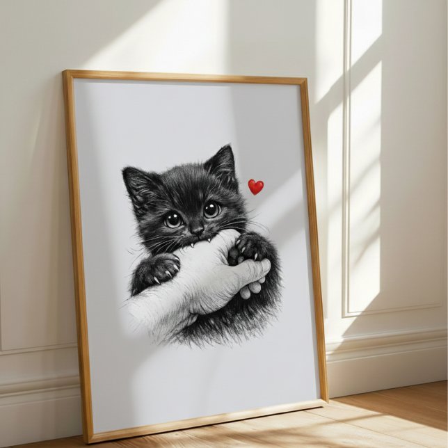 Affiche Cute Black Kitten Biting Hand with Love Hear (Créateur téléchargé)