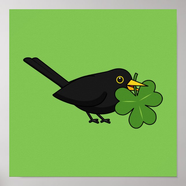 Affiche Cute Blackbird avec Shamrock Clover Carton (Devant)