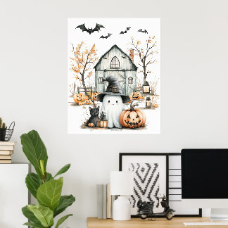 Affiche Cute blanc et orange Fantôme avec grange d'automne
