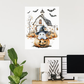 Affiche Cute blanc et orange Fantôme avec grange d'automne