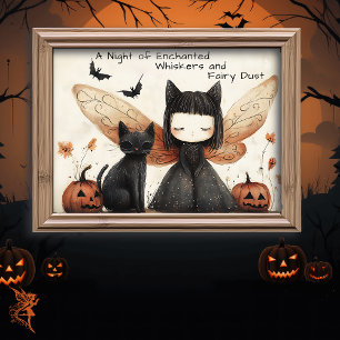 Affiche Cute blanche Halloween Fée & Chat Imaginaire Art