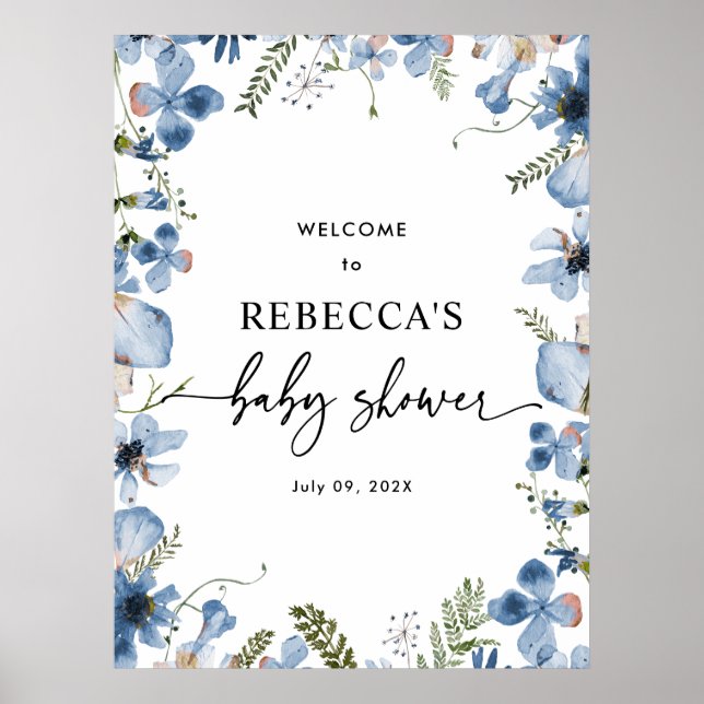 Affiche Cute Bleu Baby shower Fleur sauvage Bienvenue Affi (Devant)