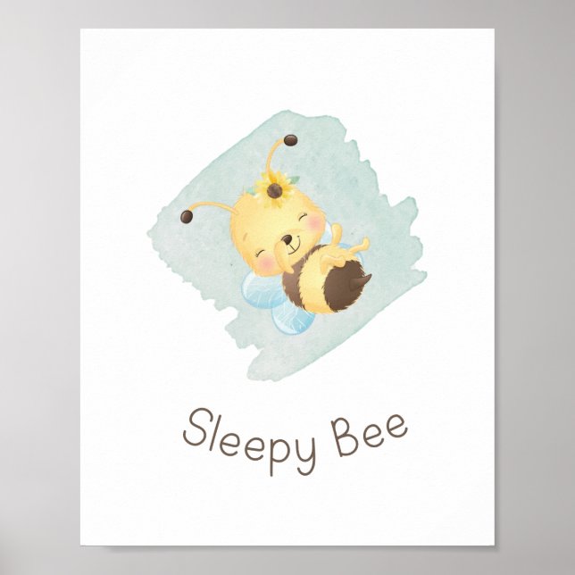 Affiche Cute Bleu/Jaune Dormant Bee Nursery Art Mur (Devant)