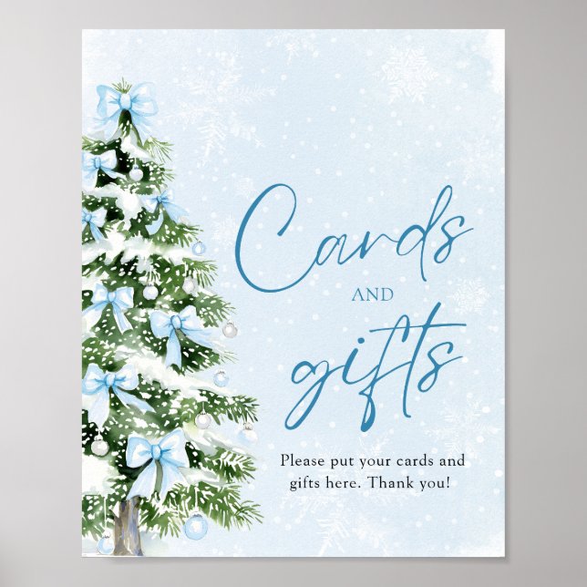 Affiche Cute Blue Bows Christmas Tree Cards and Gifts Sign (Devant)