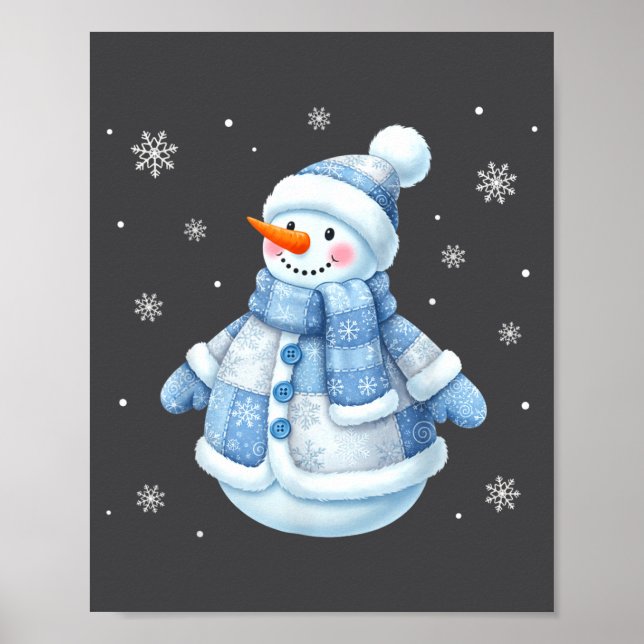 Affiche Cute Blue Snowman With Snowflakes Winter Christmas (Devant)