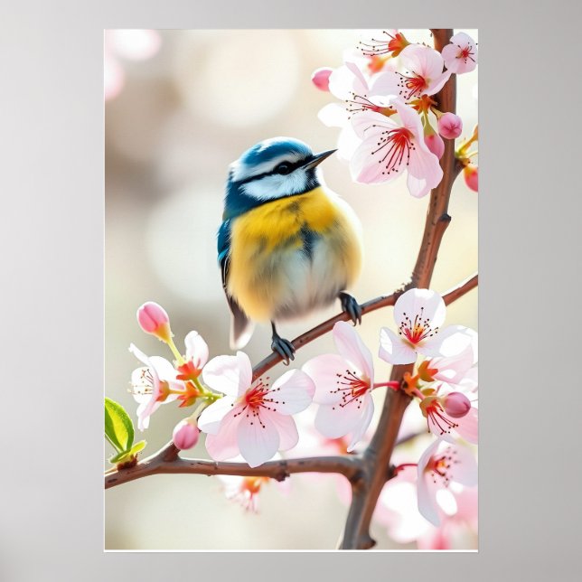 Affiche Cute Blue Tit Bird on Spring Blooming Apple Tree   (Devant)
