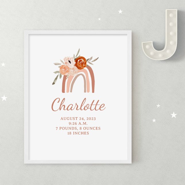 Affiche Cute Boho arc-en-ciel | Statistiques sur la naissa (A cute, boho baby birth stats poster with a terracotta rainbow and flowers)