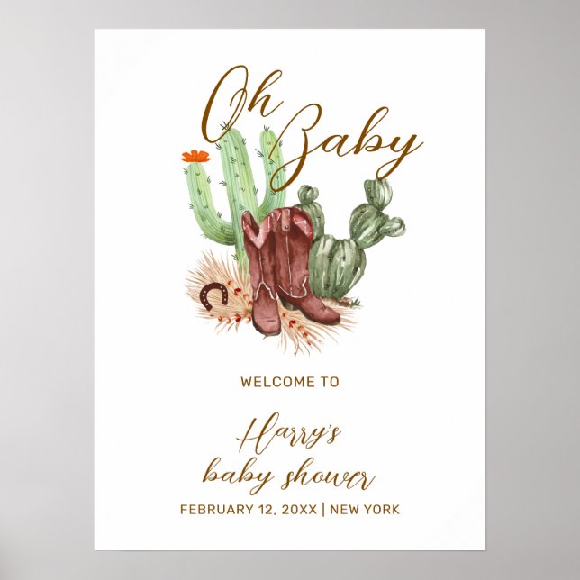 Affiche Cute Boho Cactus Cowboy Chaussures Baby shower Bie (Devant)