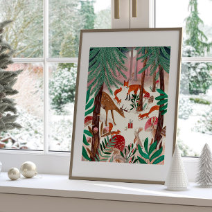 Affiche Cute Bois Animaux Rose Forêt de Noël