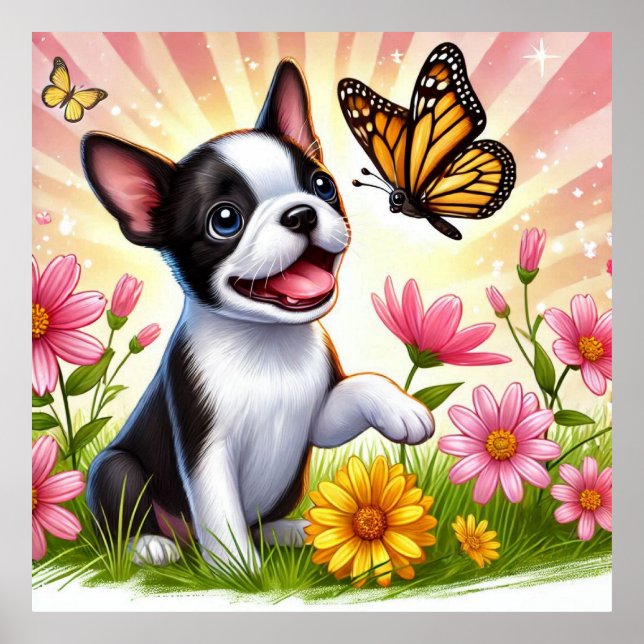 Affiche Cute Boston Terrier Chiot Jouant Avec Papillon (Devant)