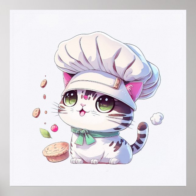 Affiche Cute boulangère Chef Chat Kitten avec pain | (Devant)
