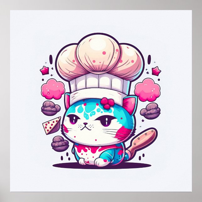 Affiche Cute boulangère Chef Chat Kitten avec pain | (Devant)