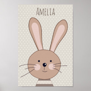 Affiche Cute Brown Bunny Beige Dots Personalised