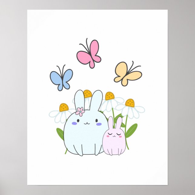 Affiche Cute Bunnies avec marguerites de printemps et papi (Devant)