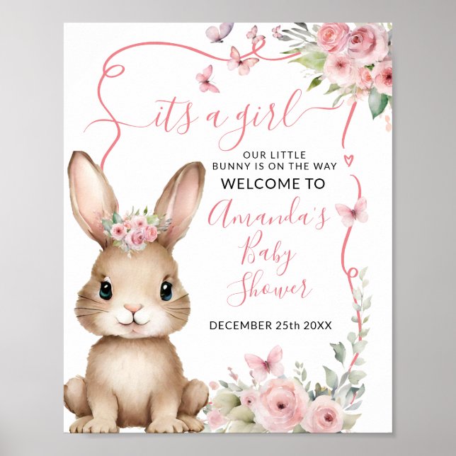 Affiche Cute Bunny Baby Shower Girl Pink Floral Welcome (Devant)