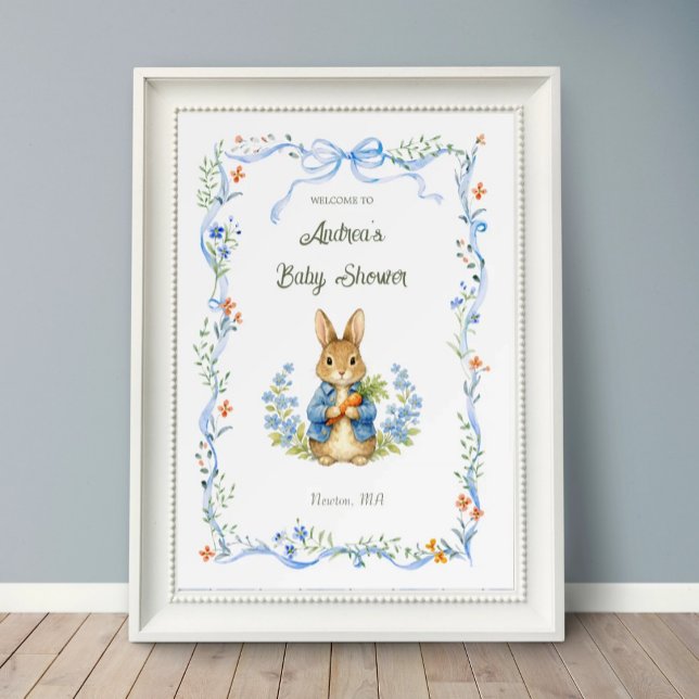 Affiche Cute Bunny Boy Floral Blue Bow Baby Shower Welcome (Créateur téléchargé)