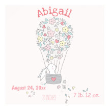 Cute Bunny in Air Balloon  Birth Stats Nursery Art