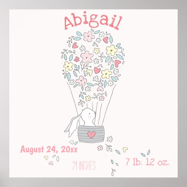 Affiche Cute Bunny in Air Balloon  Birth Stats Nursery Art (Devant)