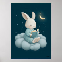 Cute Bunny Reading on Cloud Nursery Bedtime