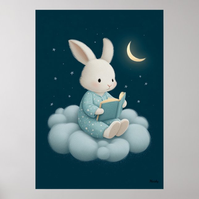Affiche Cute Bunny Reading on Cloud Nursery Bedtime (Devant)