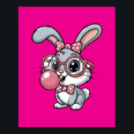 Affiche Cute Bunny with Glasses Blowing Bubble Gum<br><div class="desc">A charming cartoon bunny wearing oversized round glasses,  a polka-dot bow,  and blowing a pink bubble gum bubble.</div>