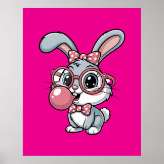 Affiche Cute Bunny with Glasses Blowing Bubble Gum