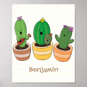 Affiche Cute cactus trio singing cartoon illustration