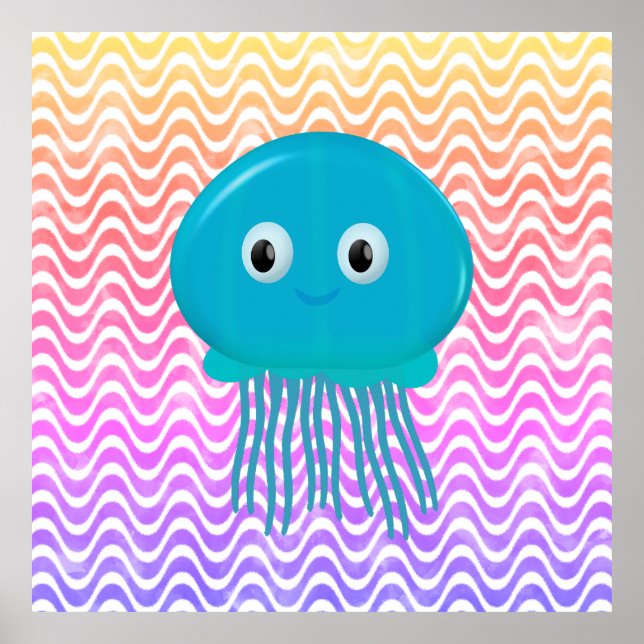 Affiche Cute Cartoon Jellyfish Dans Océan Coloré (Devant)