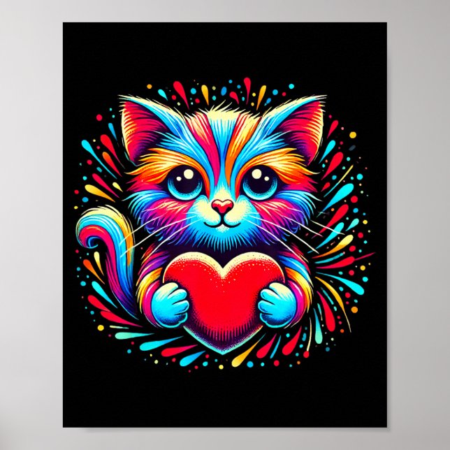 Affiche Cute Cat Hugging Valentine Heart Kitty Love Cat Ki (Devant)