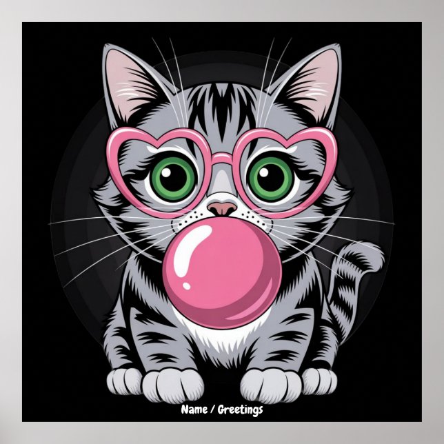 Affiche Cute Cat Kitty Eating Gum and Making Bubble Funny (Devant)