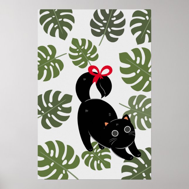 Affiche Cute Cat With Bow Monstera Leaves (Devant)